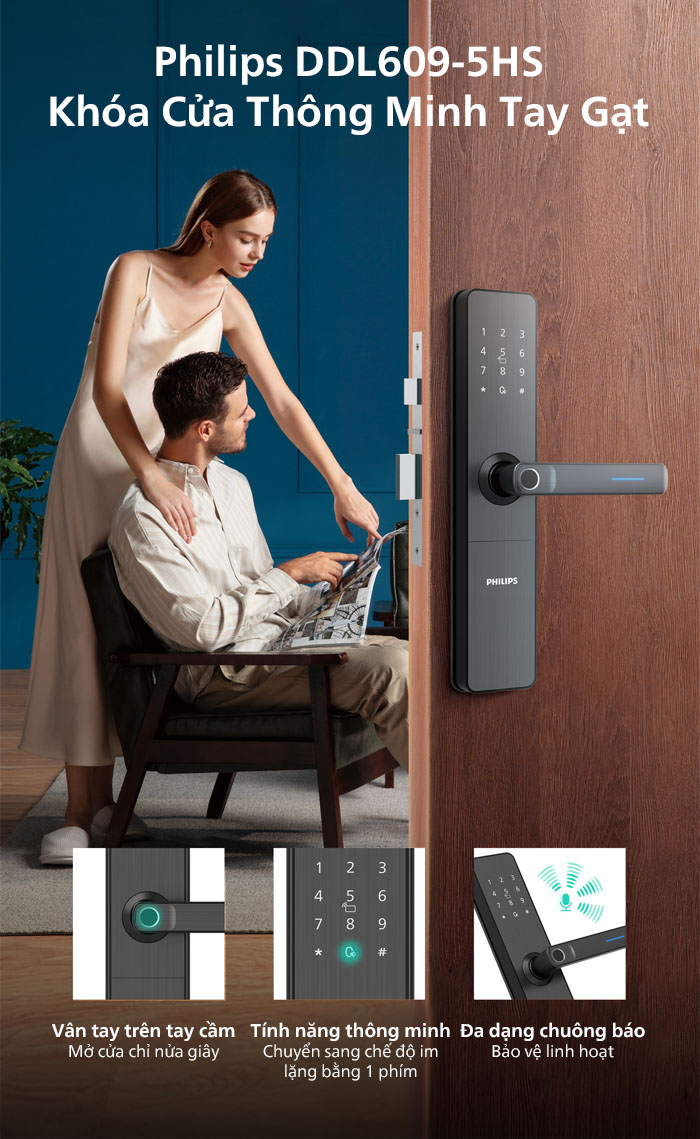 Khóa cửa vân tay, mã số, thẻ từ Philips DDL609-5HS - ảnh 1